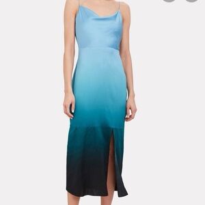INTERMIX Satin Ombre Blue Slip Midi Dress with Side Slit